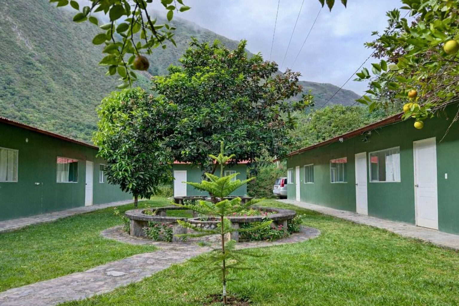 Un patio con un jardín circular en el centro, rodeado de edificios verdes con puertas y ventanas blancas.
