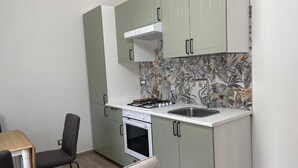 A compact kitchen with a gas stove, oven, and sink. - Greta family house: Clare (Roma)