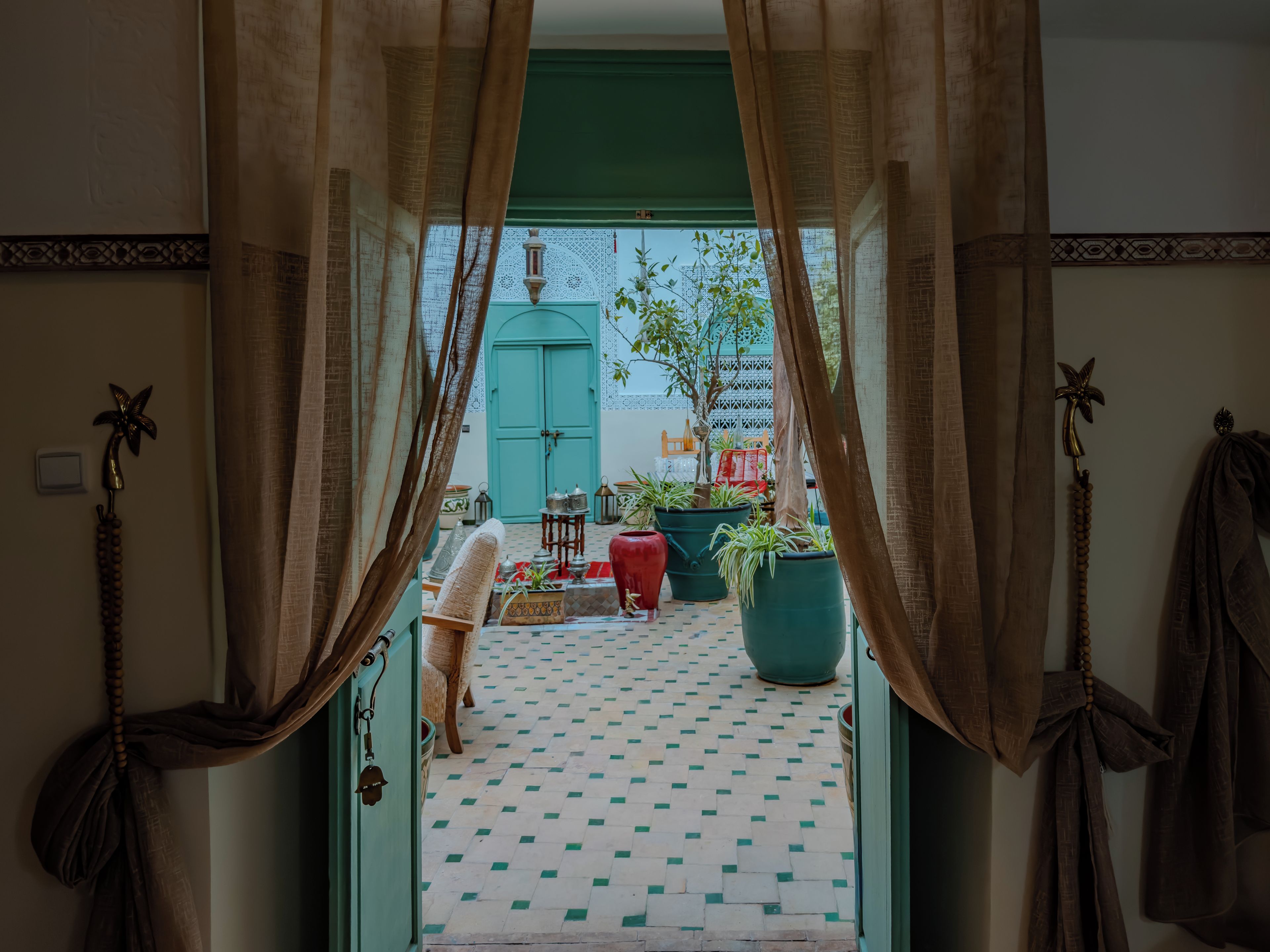 A view through a doorway into a room with a tiled floor, a green door, and potted plants.