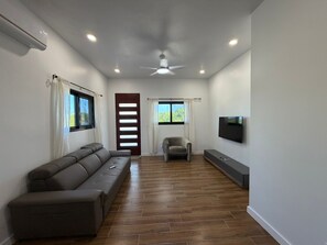 Una sala de estar moderna con un sofá, un sillón, un televisor y un ventilador de techo.