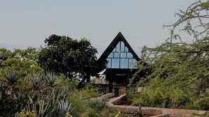 A building with a triangular roof and large glass windows, surrounded by a garden with various plants and a stone pathway. - Saba House & Lodges (Machakos)