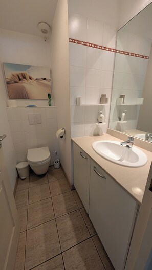 Een badkamer met toilet, wastafel en spiegel.