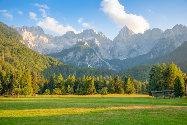 A mountainous landscape with a clear sky, a grassy field, and a small structure in the foreground. - Sauna Chalet Planica Near Kranjska Gora (Kranjska Gora)