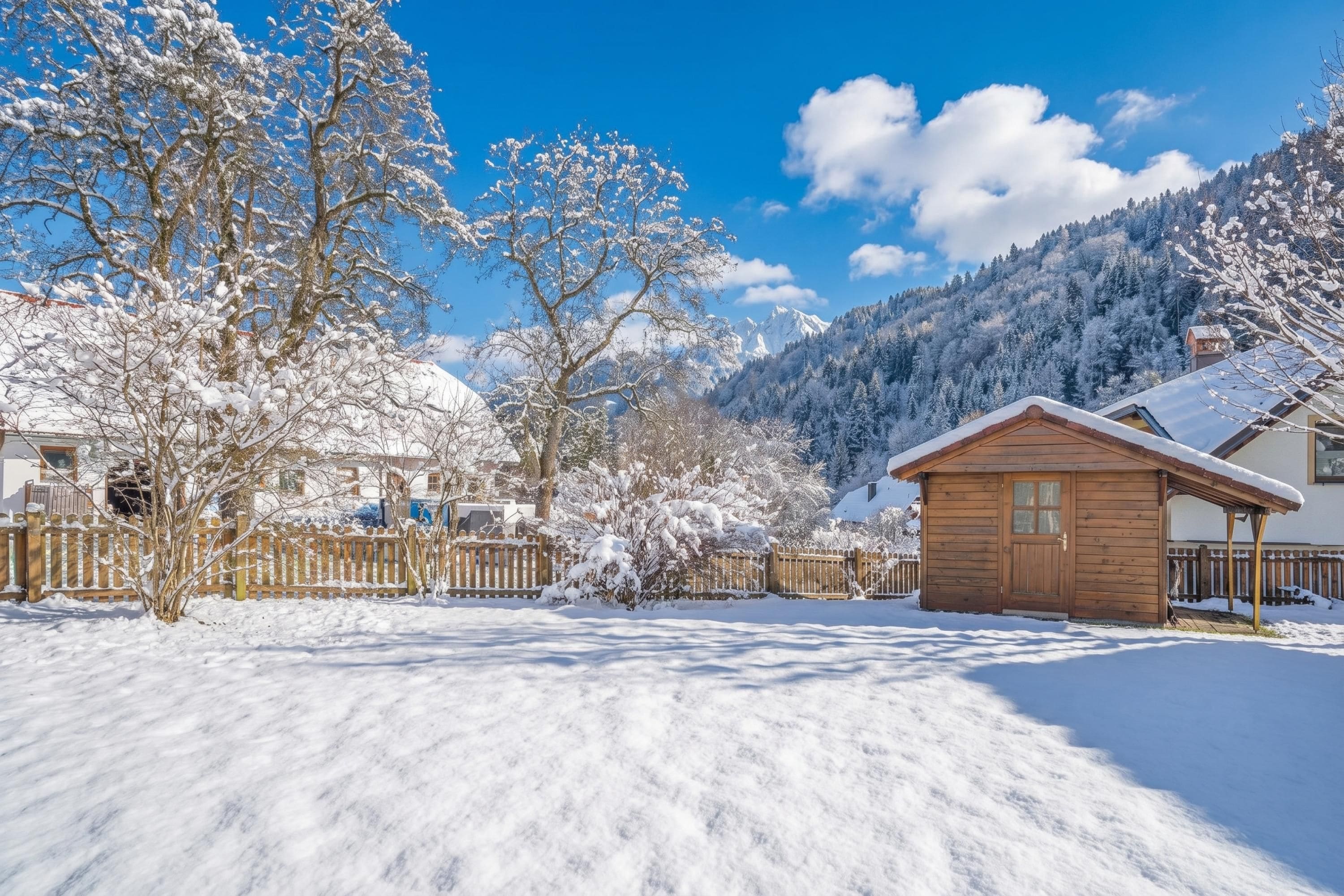 A snow-covered landscape with a wooden cabin and a house in the background.