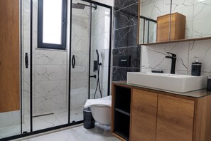 Dusche, Haartrockner, Seife, Toilettenpapier