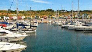 Un puerto deportivo con varias embarcaciones amarradas, rodeado de edificios coloridos y un paisaje montañoso al fondo.