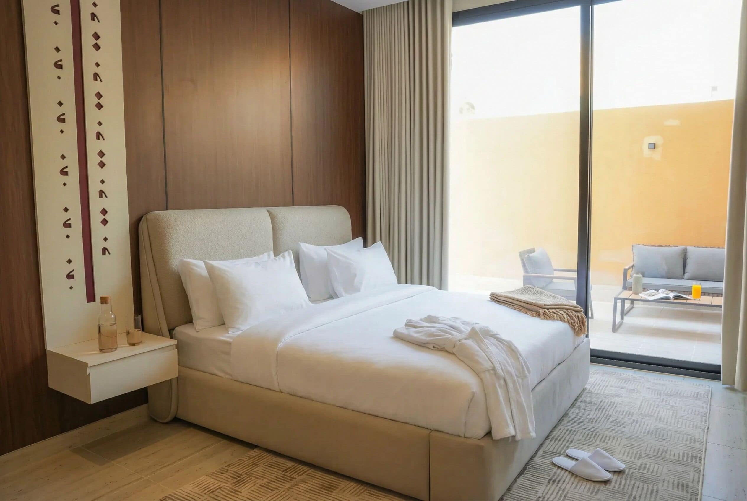 A hotel room with a large bed, a nightstand, a window with curtains, a view of the outside, and a small table with a chair.