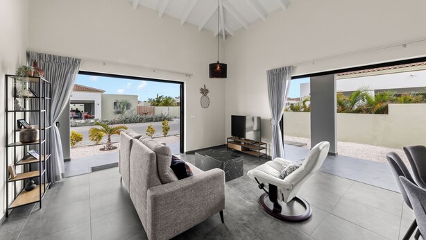 A modern living room with a sofa, a chair, a TV, and a bookshelf.