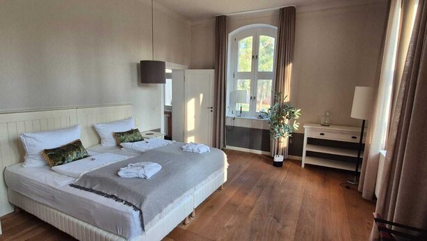 A hotel room with a large bed, a bedside table, a desk, a chair, a window with curtains, and a potted plant. - Schloss Hohenbocka (Hohenbocka)