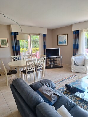 Televisión, reproductor de DVD, libros y estéreo 