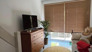 A living room with a TV on a wooden cabinet, a potted plant, a round woven rug, a sofa with cushions, and a window with blinds. - Pretty T2 with garden (Pérols)