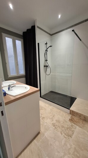 Chuveiro, secador de cabelo, toalhas de banho, papel higiênico