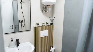 Ducha, secador de pelo, toallas, jabón