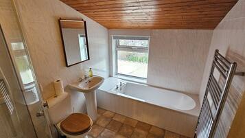 Hair dryer, towels, soap, toilet paper