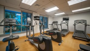 Une salle de sport équipée de divers appareils de cardio, dotée de grandes fenêtres et offrant une vue sur l’extérieur.
