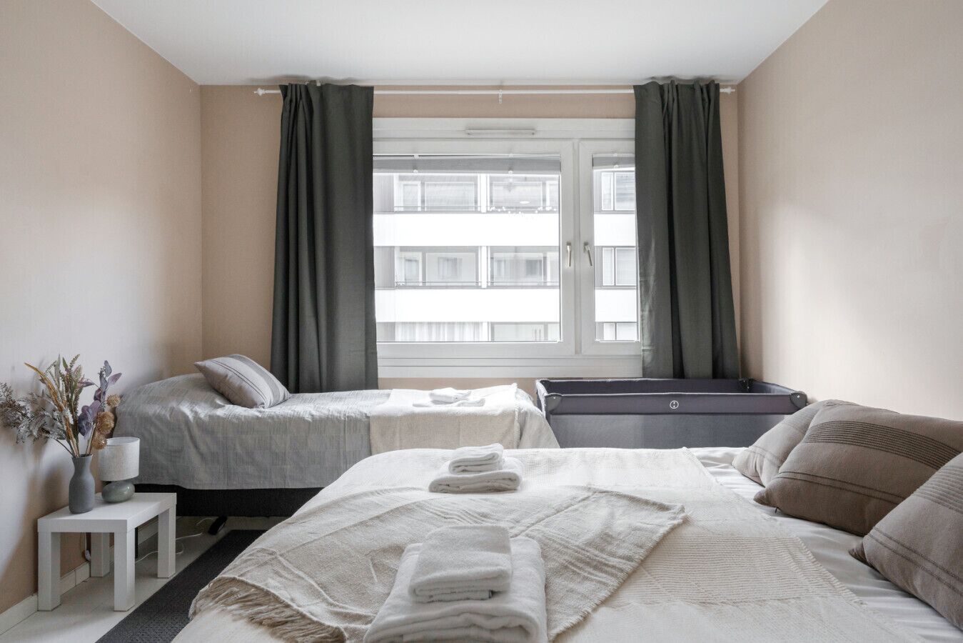 1 bedroom, desk, iron/ironing board, travel crib