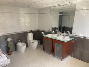 Shower, jetted bath, hair dryer, bidet