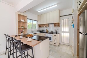 Fridge, microwave, oven, electric kettle