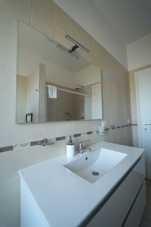 Shower, hair dryer, bidet, towels