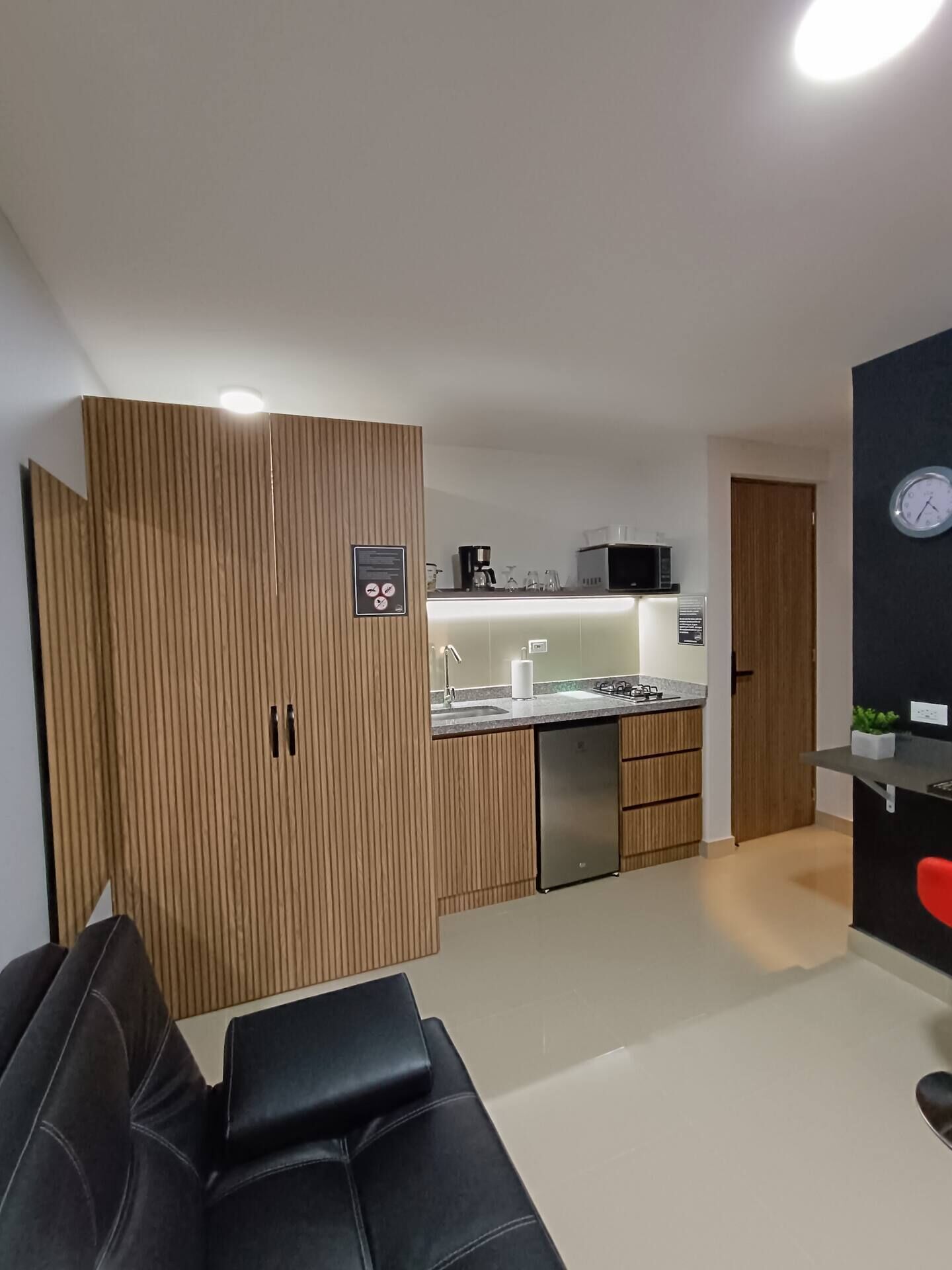A modern living room with a sofa and a wooden wardrobe.