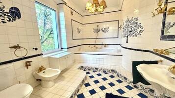 Hair dryer, towels, soap, toilet paper