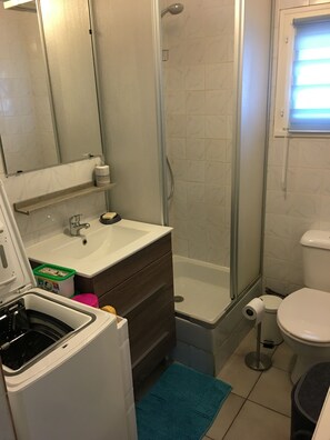 Shower, hair dryer, soap, toilet paper