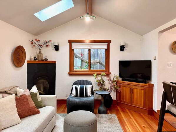 Smart-tv, een open haard, boeken en een muziekbibliotheek