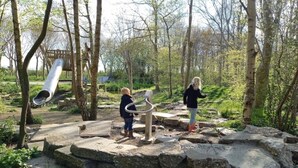A playground with a slide and swings in a wooded area.