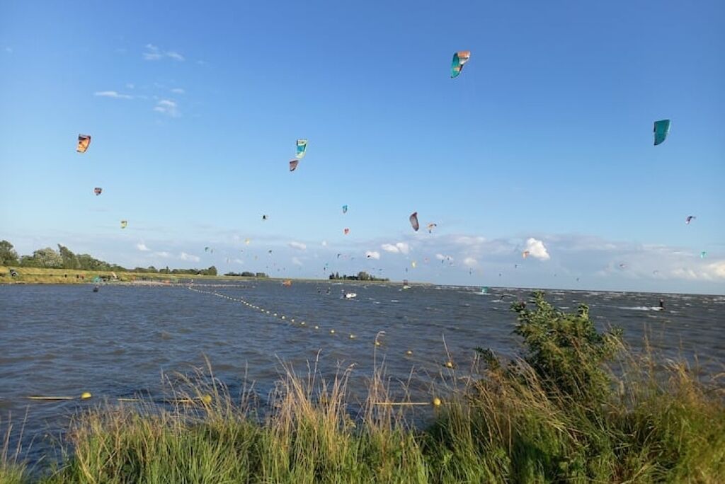 A body of water with multiple kites flying in the sky.