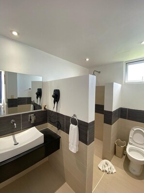 Une salle de bain moderne avec un grand miroir, un lavabo, des toilettes et un espace douche.