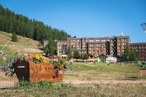 Stunning garden view of a serene residential area with a beautiful planter featuring a variety of flowers.