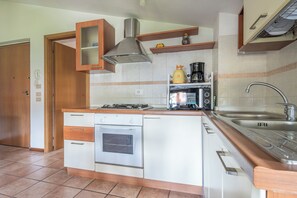 Apartment | Private kitchen | Fridge, microwave, oven, stovetop