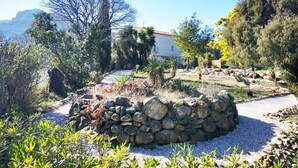 Ein Garten mit einer Steinmauer, verschiedenen Pflanzen und einem Gebäude im Hintergrund.