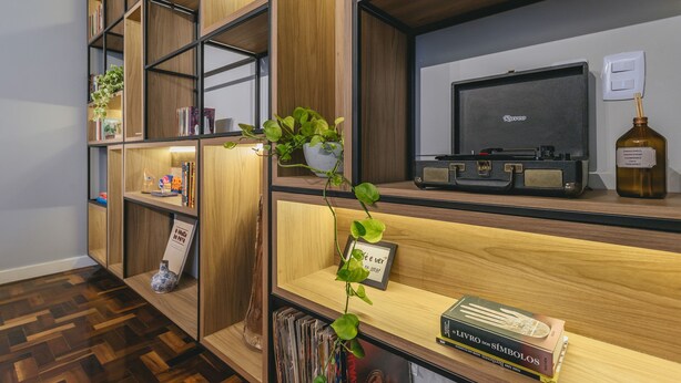 Una sala de estar moderna con una estantería de madera, un televisor y una planta decorativa.