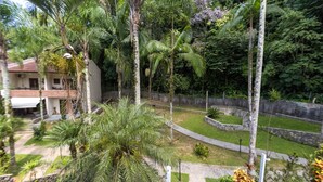 A lush garden with palm trees, a stone wall, and a pathway. - Casa em Condom nio com Piscina Wi-fi e Garagem (Guarujá)