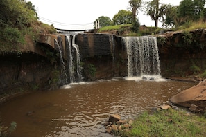 Een waterval stort in een rivier, omringd door rotsachtig terrein en groen.