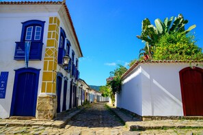 A cobblestone street flanked by buildings with blue doors and windows, leading to a mountain in the distance.