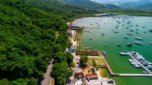 Vue aérienne d’une zone côtière avec un port de plaisance rempli de bateaux, entouré d’une forêt verdoyante et dense.
