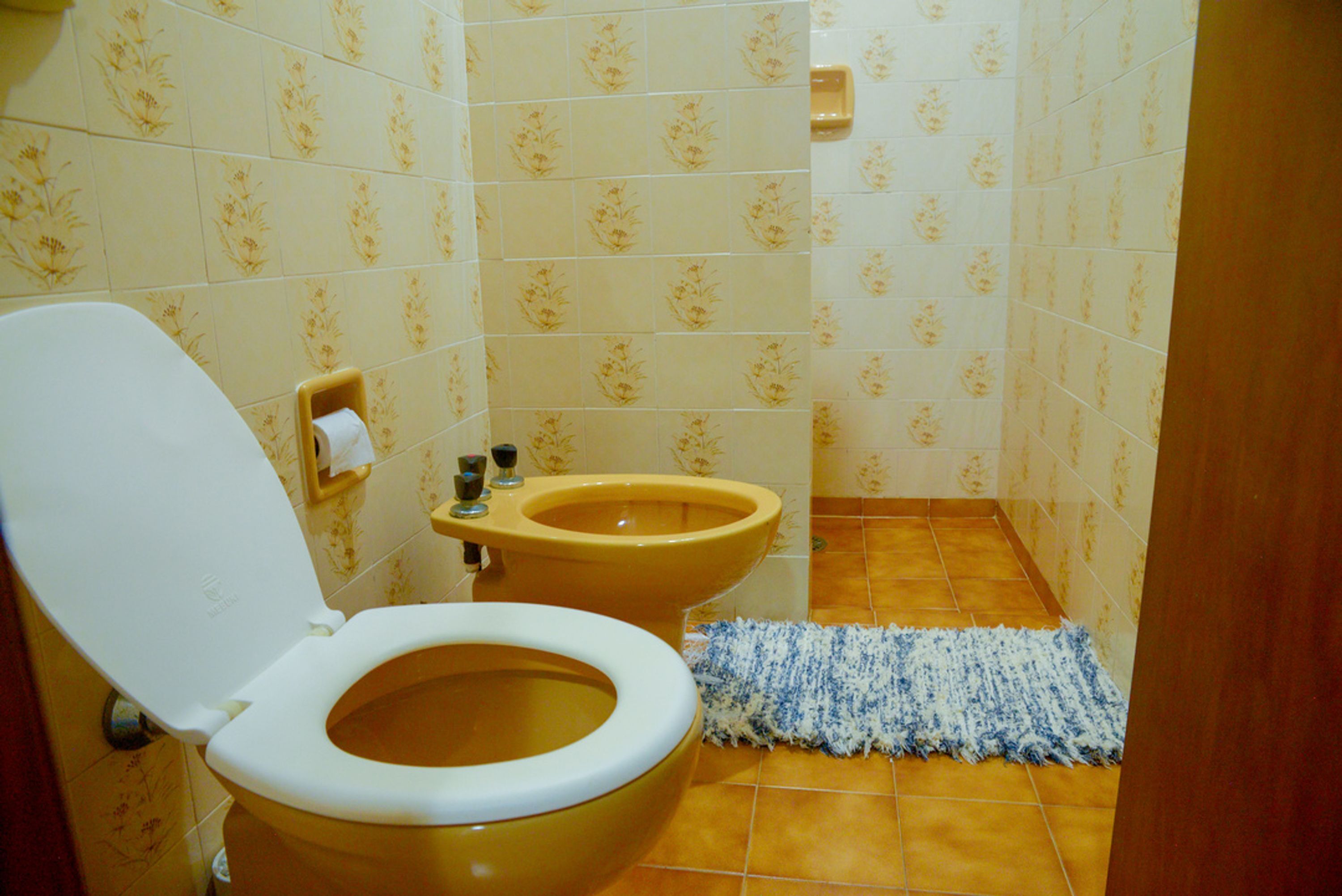 Een badkamer met toilet en bidet, betegelde wanden en een blauw vloerkleed.