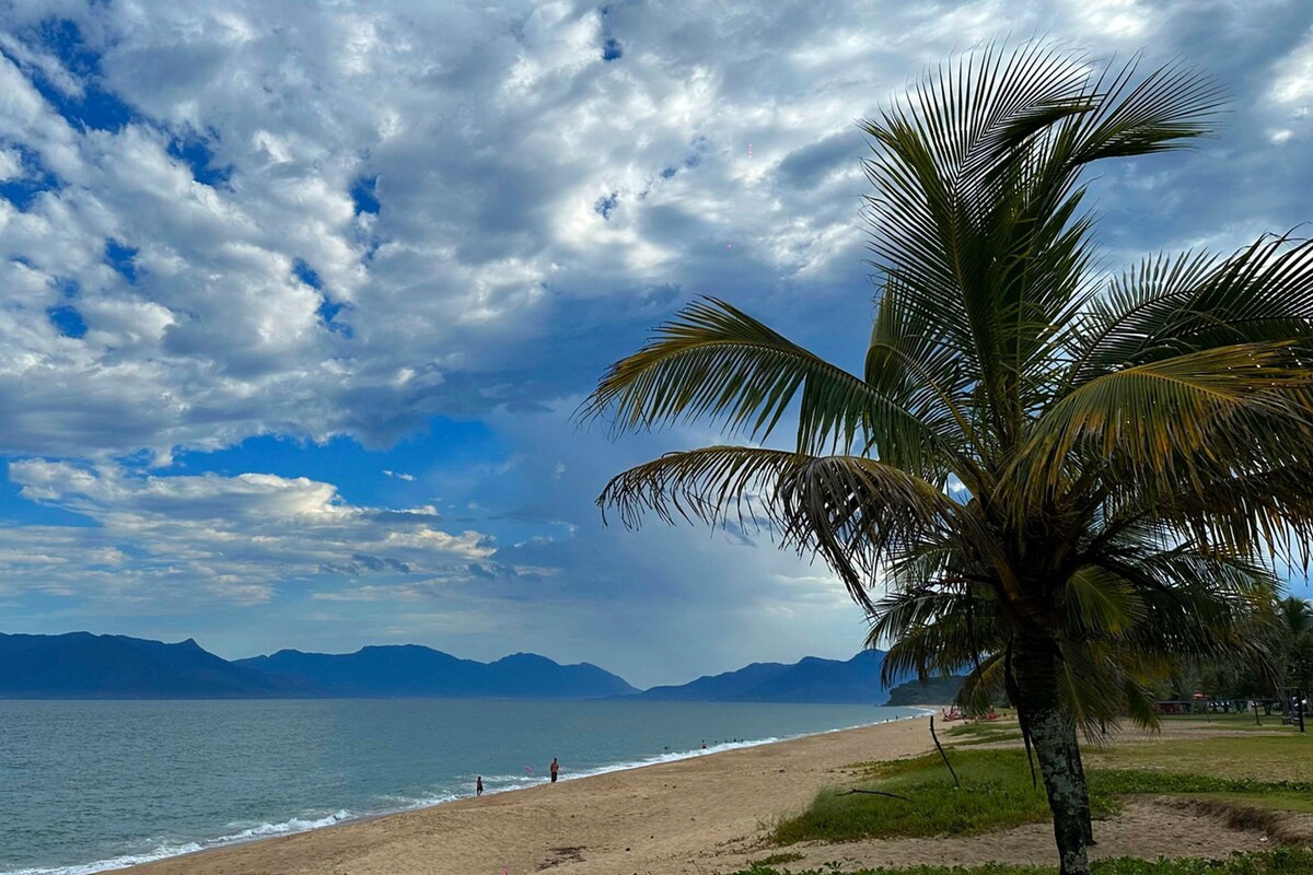Una playa con una palmera, montañas al fondo y un cielo parcialmente nublado.