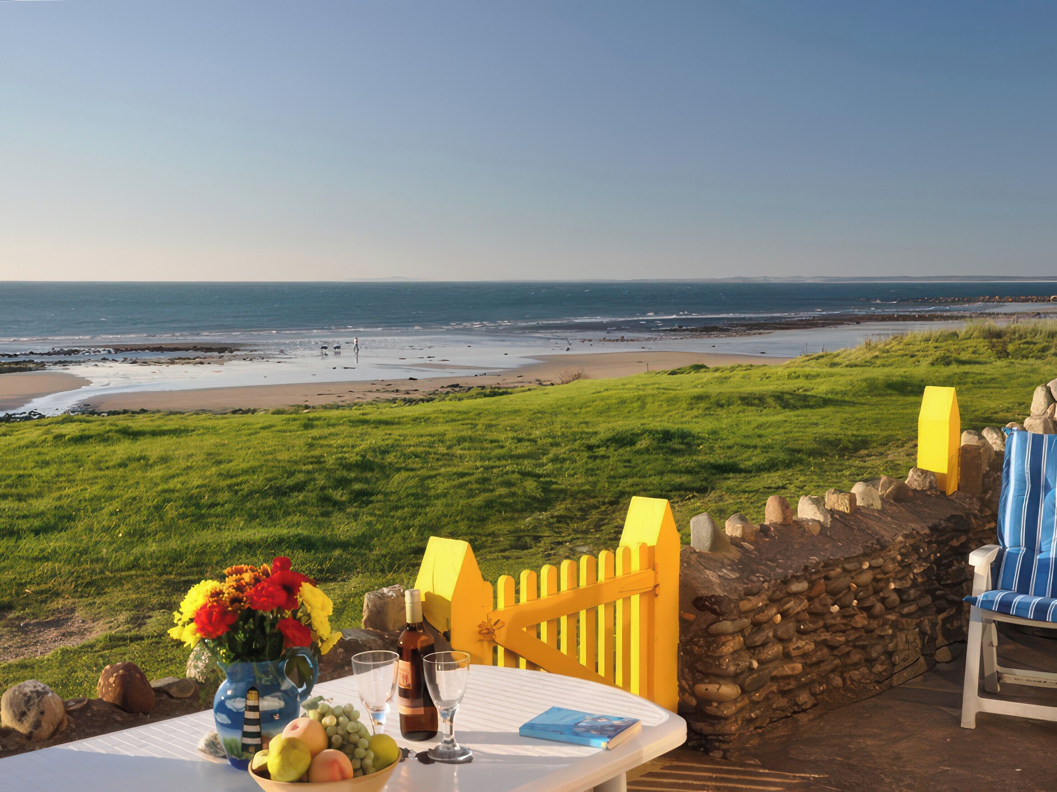 Une table avec une bouteille, des verres et un saladier de fruits, donnant sur une plage bordée d’un mur de pierres et d’une clôture jaune.