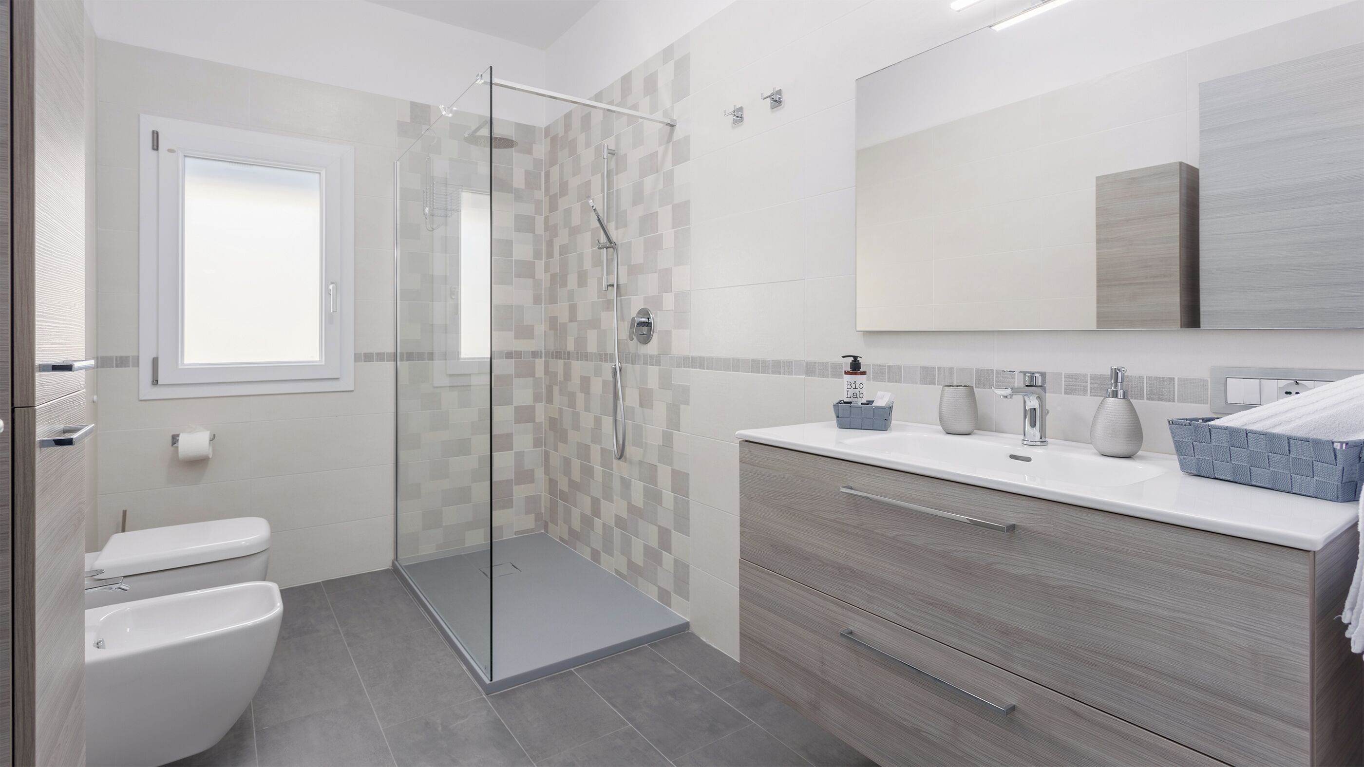 Shower, hair dryer, bidet, towels