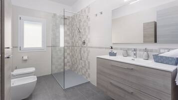 Shower, hair dryer, bidet, towels