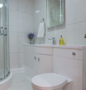 Hair dryer, towels, soap, toilet paper