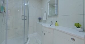 Hair dryer, towels, soap, toilet paper