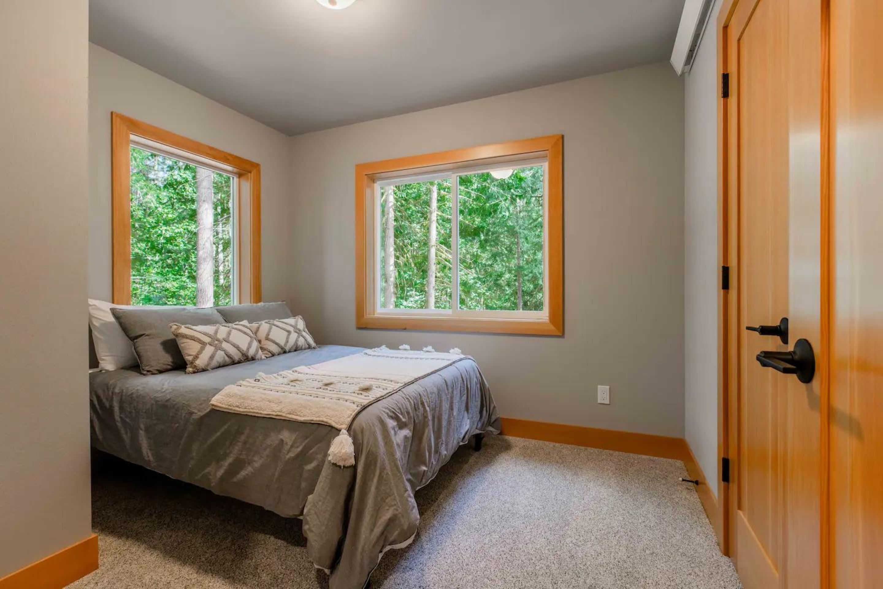 A bedroom with a bed, two windows, and a door.