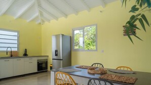 A kitchen with a large island, yellow walls, and a window providing a view of greenery.