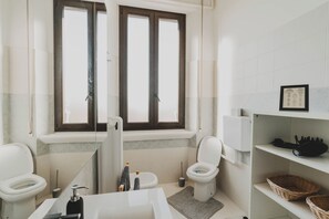 Shower, hair dryer, bidet, towels