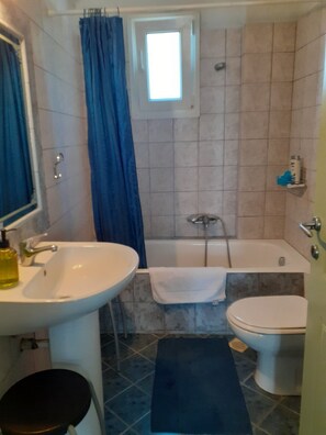 Een haardroger, handdoeken, zeep, toiletpapier