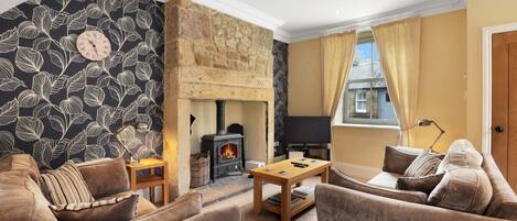 Smart TV, chimenea, reproductor de DVD y libros